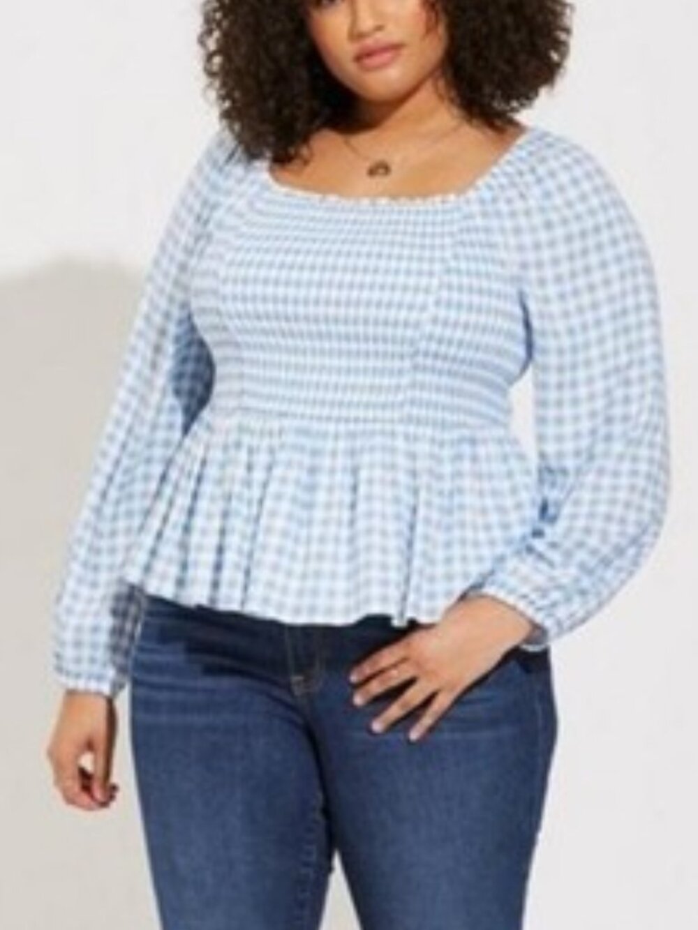 Torrid Gingham Smocked Bodice Blouse Long Sleeve Top Retro Blue & White Size 1X